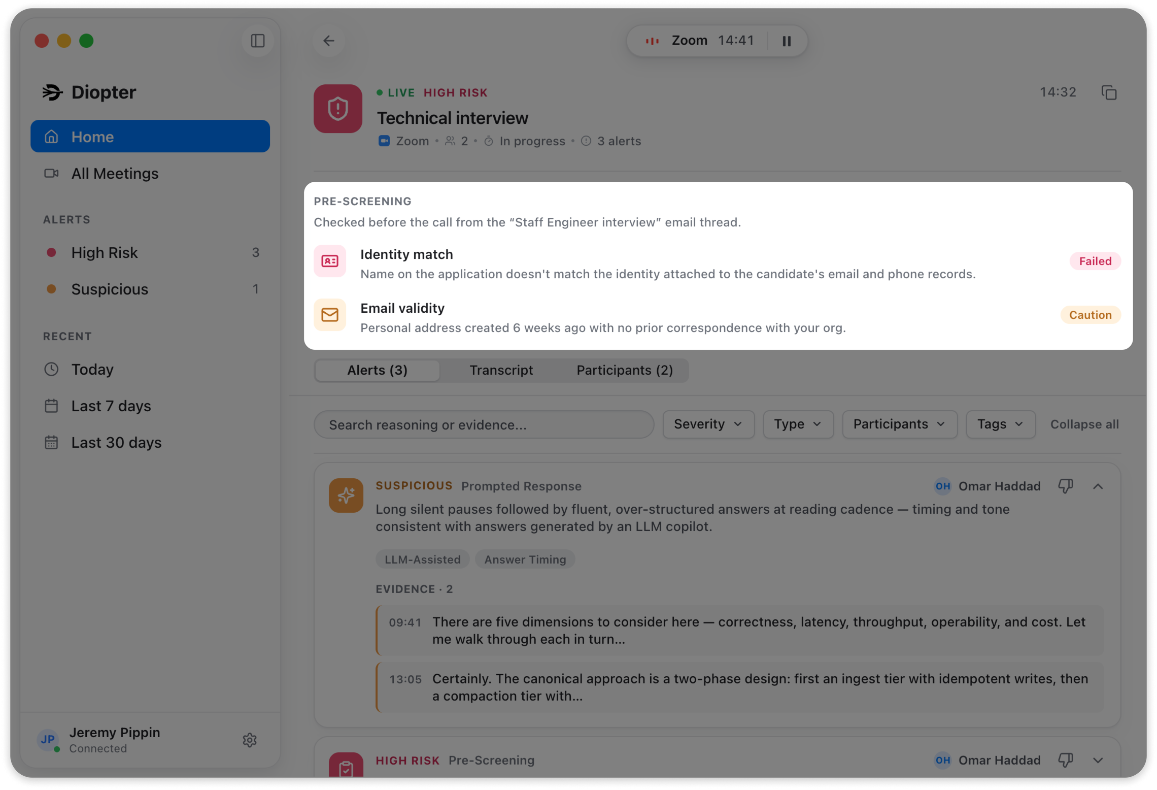 Diopter pre-screening before an interview: an identity match check that failed and an email validity check flagged as caution.